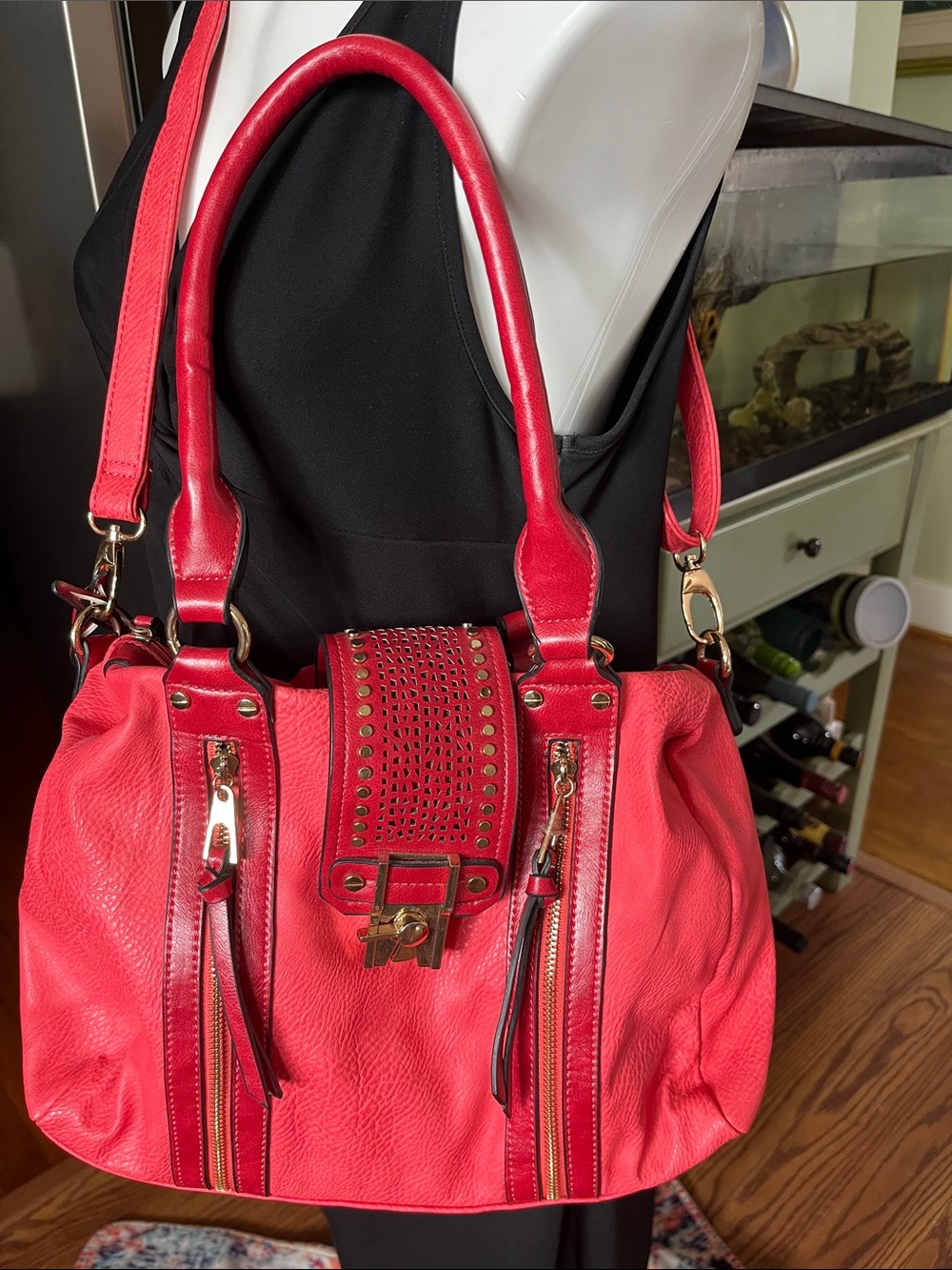 Red Studded Shoulder Satchel Bag - Women